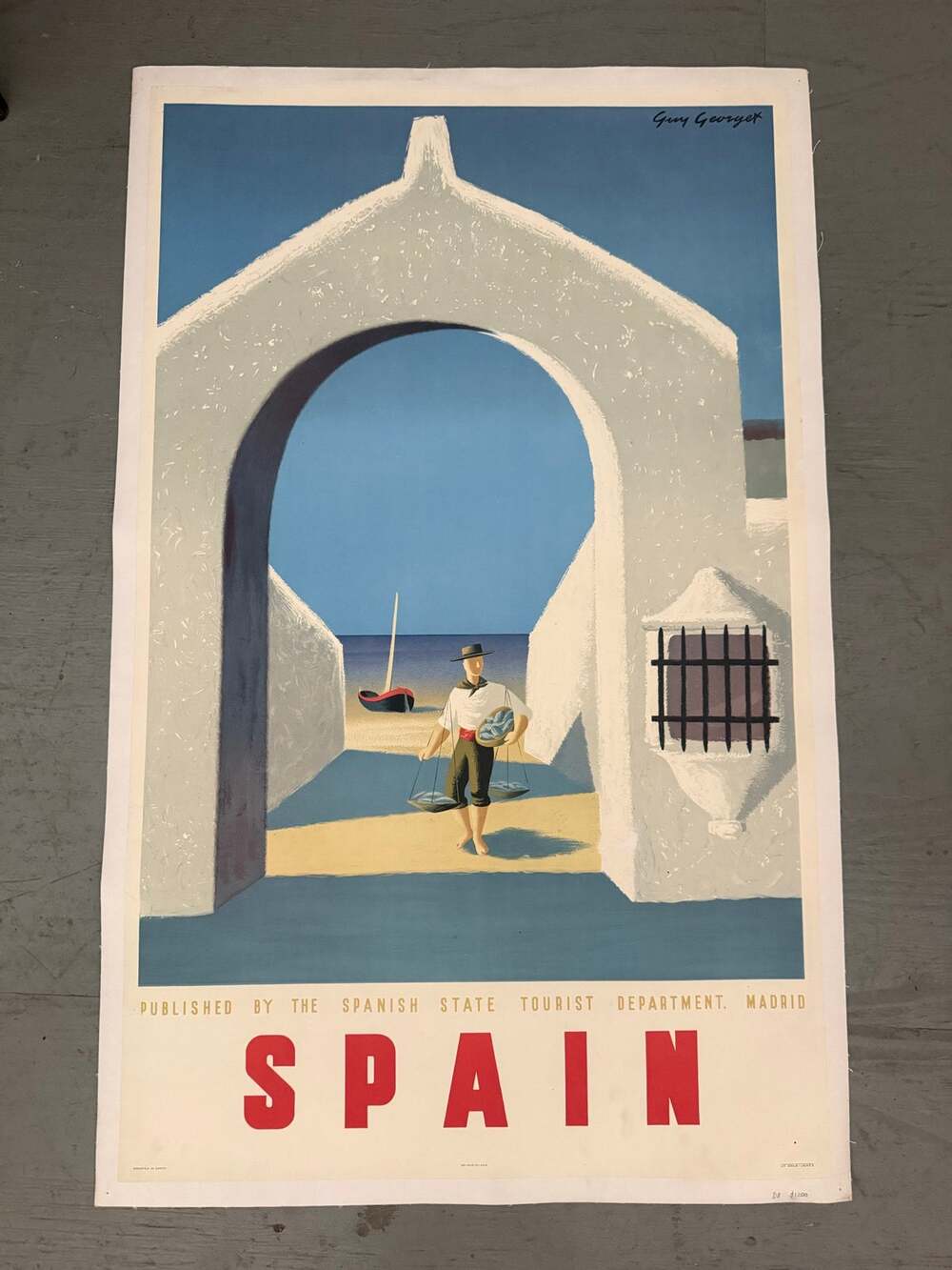 Signed 1945 Vintage Travel Poster on Canvas Spain Artist Guy Georget 41X26"